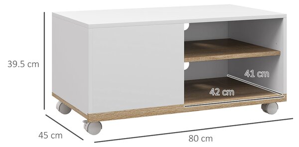 HOMCOM Dulap TV 42" Max cu 2 Rafturi deschise si Usa, Dulap TV Jos din PAL cu Roti, 80x45x39.5 cm, Alb | Aosom Romania