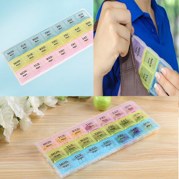 Cutie organizator Pufo pentru medicamente, vitamine sau suplimente pe saptamana cu trei compartimente pe zi
