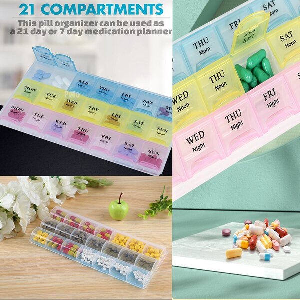 Cutie organizator Pufo pentru medicamente, vitamine sau suplimente pe saptamana cu trei compartimente pe zi