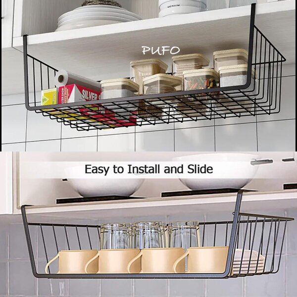 Suport metalic tip cos pentru depozitare sub raft Pufo pentru casa si bucatarie, multifunctional, 47 x 25 cm, negru