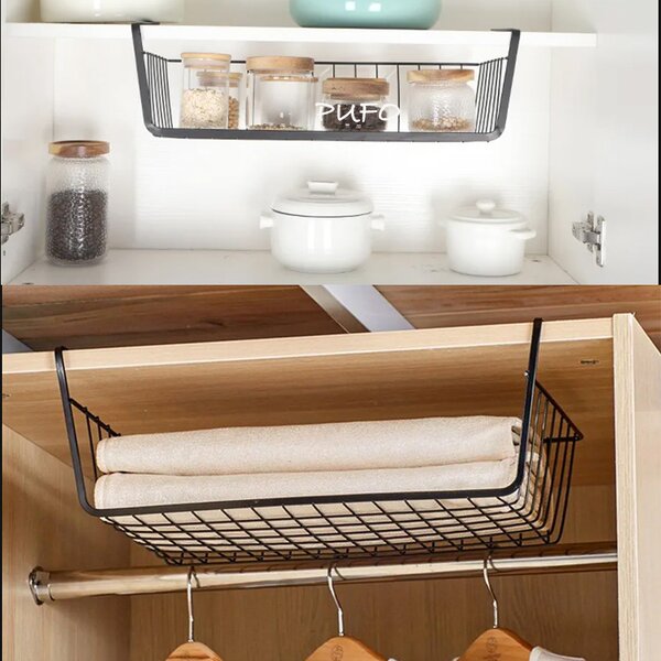Suport metalic tip cos pentru depozitare sub raft Pufo pentru casa si bucatarie, multifunctional, 47 x 25 cm, negru
