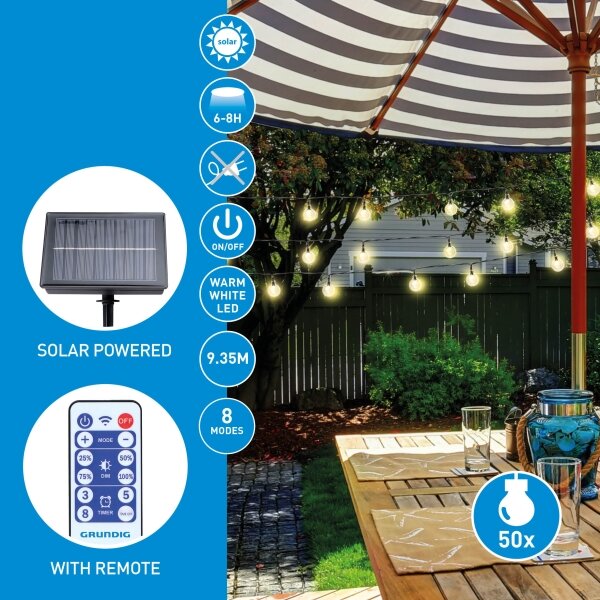 Grundig - Șir solar LED reglabil 50xLED/8 funcții 9,35m alb cald + DO