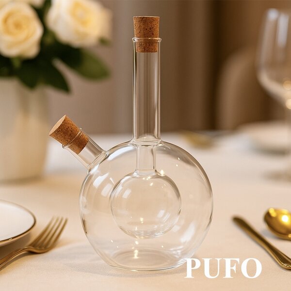 Recipient oliviera din sticla 2 in 1 Pufo Oil pentru lichide, ulei, otet, 350 ml, transparent