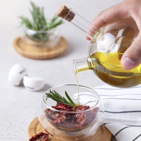 Recipient oliviera din sticla 2 in 1 Pufo Oil pentru lichide, ulei, otet, 350 ml, transparent