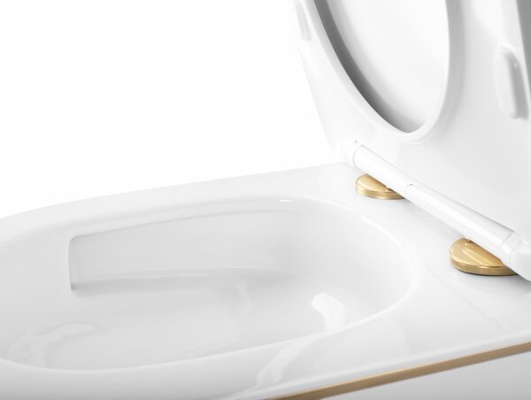 Rea Carlo Mini Tornado, vas de toaletă suspendat 490x355x350mm + capac WC, margine alb-aurie, REA-C6801