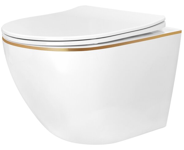 Rea Carlo Mini Tornado, vas de toaletă suspendat 490x355x350mm + capac WC, margine alb-aurie, REA-C6801