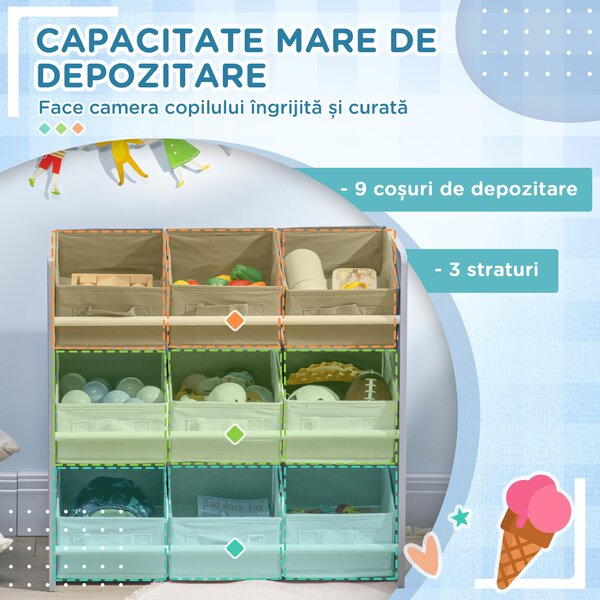 ZONEKIZ Dulap pentru Jucării cu 9 Coșuri Detașabile, Depozitare din Lemn MDF și Textil, 63x30x60cm, Gri și Alb | Aosom Romania