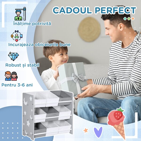 ZONEKIZ Dulap pentru Jucării cu 9 Coșuri Detașabile, Depozitare din Lemn MDF și Textil, 63x30x60cm, Gri și Alb | Aosom Romania