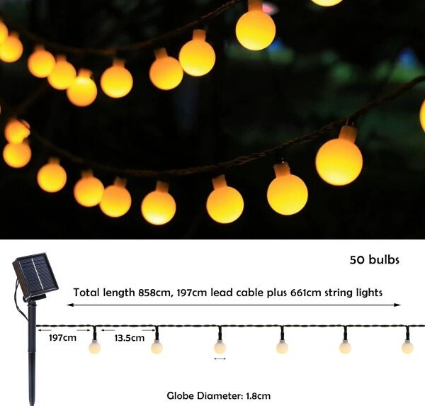 Brilagi - Ghirlandă LED solară decorativă BUBBLE, 50 LED, 8 funcții, 7 m, IP65, alb cald