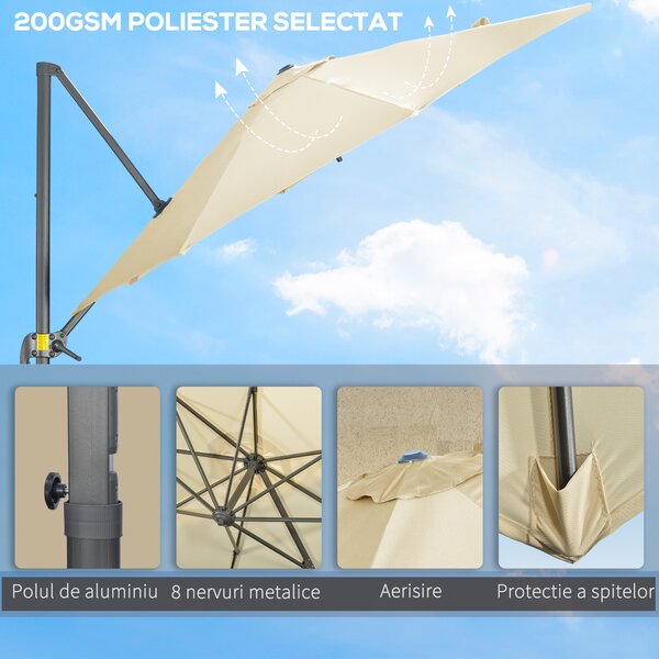 Outsunny Umbrelă Solară Înclinabilă și Rotativă 360°, Ø293x248cm, Crem | Aosom Romania