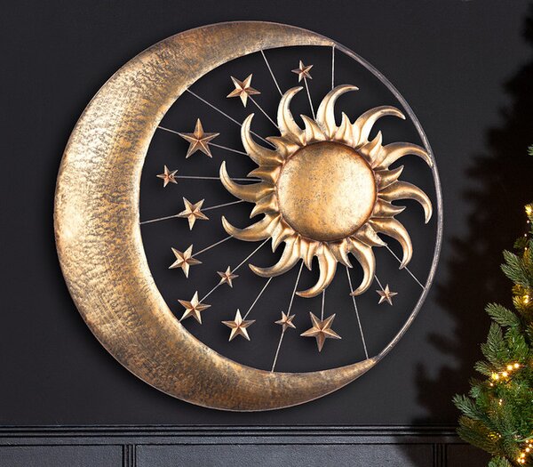 Decoratiune perete relief, SUN, MOON AND STARS, metal, 71 cm