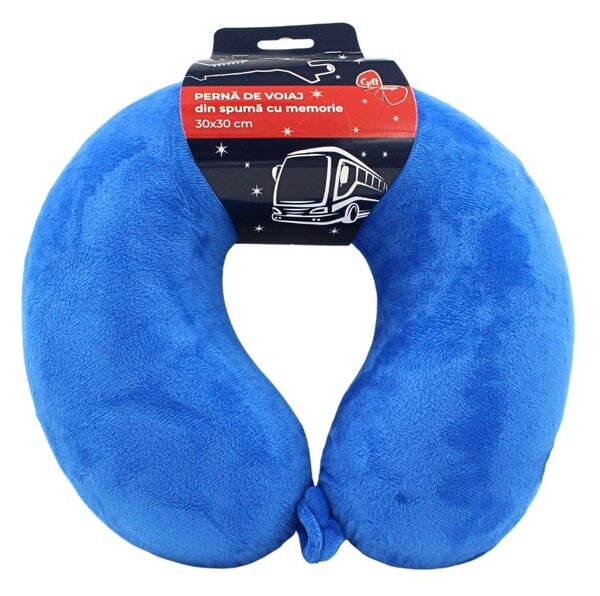 Pernă de călătorie, pentru adulți, culoare albastru, din spumă cu memorie, 30 cm