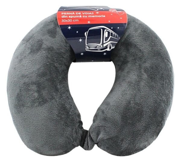 Pernă de călătorie, pentru adulți, culoare gri, din spumă cu memorie, 30 cm