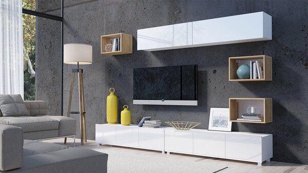 Mobilier living Badiani XXXI (alb + alb lucios + Stejar auriu). 1121916