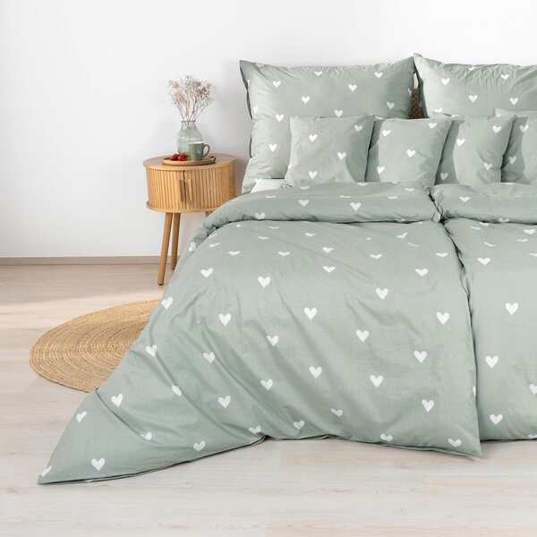 Goldea lenjerie de pat 100% bumbac - inimioare pe verde salvie 140 x 200 și 50 x 70 cm