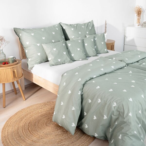 Goldea lenjerie de pat 100% bumbac - inimioare pe verde salvie 140 x 200 și 50 x 70 cm