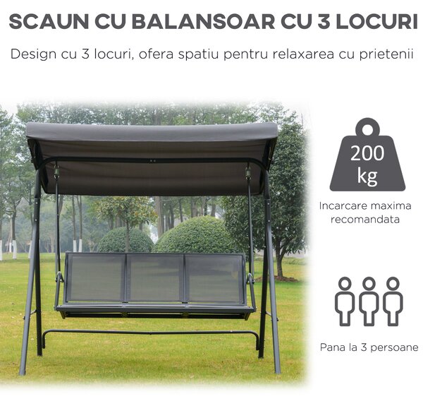 Outsunny Leagăn de Grădină cu 3 locuri cu Baldachin, Leagăn în Aer Liber din Oțel și Țesătură din Poliester, 178x111x155 cm, Gri | Aosom Romania