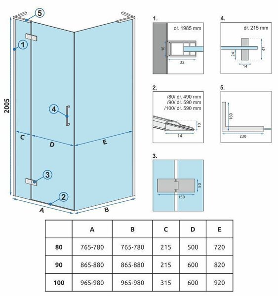 Rea Hugo, cabină de duș cu 1 aripă 80 (ușă) x 80 (perete) x 200 cm, sticlă gri 6 mm, profil cupru, KPL-K6964