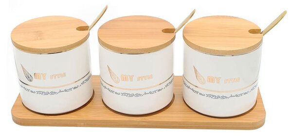 Set pentru Condimente 3 recipiente ceramice cu lingurite si tava din Bambus, My Style