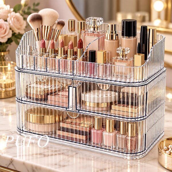 Organizator Make-up transparent cu 3 sertare si compartimente multiple pentru cosmetice, pensule, rujuri, parfumuri si accesorii beauty, 28 cm