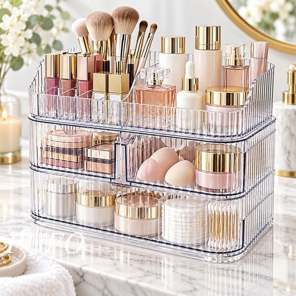 Organizator Make-up transparent cu 3 sertare si compartimente multiple pentru cosmetice, pensule, rujuri, parfumuri si accesorii beauty, 28 cm