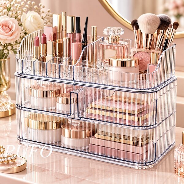 Organizator Make-up transparent cu 3 sertare si compartimente multiple pentru cosmetice, pensule, rujuri, parfumuri si accesorii beauty, 28 cm