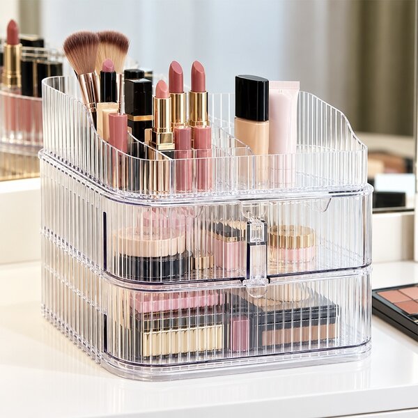 Organizator Make-up transparent cu 3 sertare si compartimente multiple pentru cosmetice, pensule, rujuri, parfumuri si accesorii beauty, 28 cm