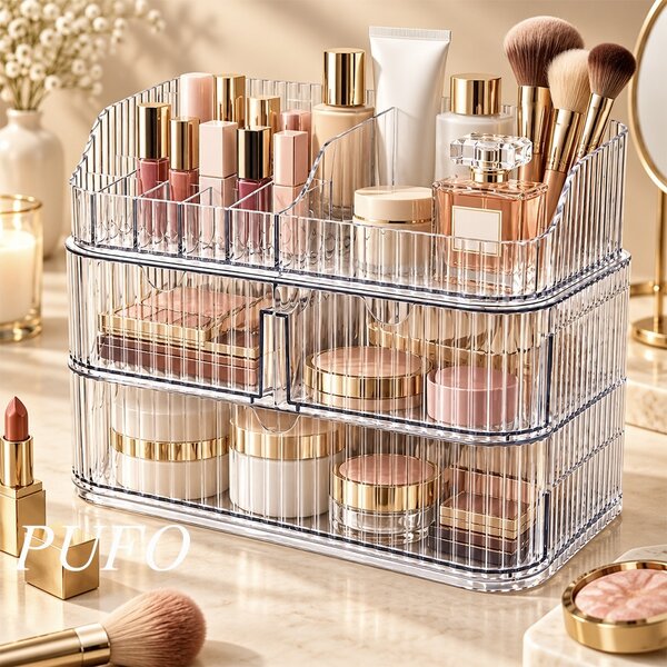 Organizator Make-up transparent cu 3 sertare si compartimente multiple pentru cosmetice, pensule, rujuri, parfumuri si accesorii beauty, 28 cm