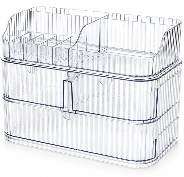 Organizator Make-up transparent cu 3 sertare si compartimente multiple pentru cosmetice, pensule, rujuri, parfumuri si accesorii beauty, 28 cm