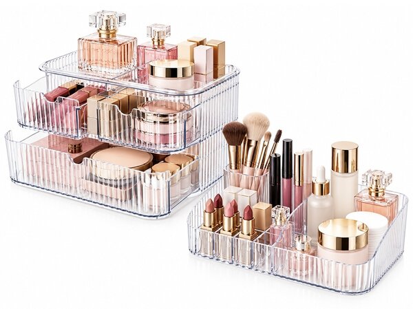 Organizator Make-up transparent cu 3 sertare si compartimente multiple pentru cosmetice, pensule, rujuri, parfumuri si accesorii beauty, 28 cm