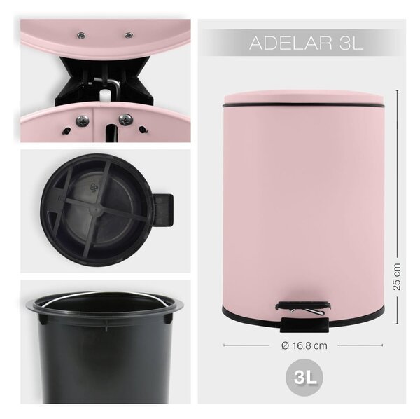 Coș de gunoi roz cu pedală din oțel 3 l Adelar – Spirella