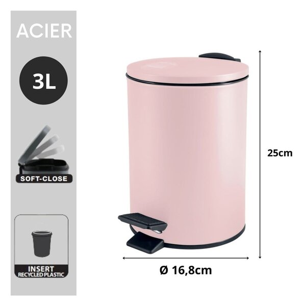 Coș de gunoi roz cu pedală din oțel 3 l Adelar – Spirella