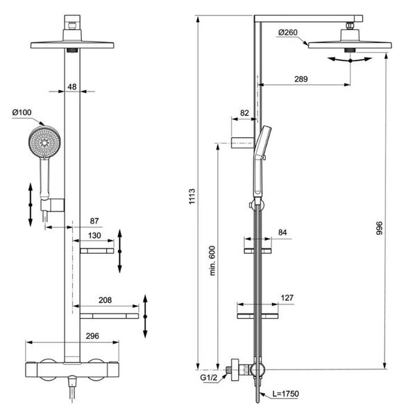 Coloană de duș Ideal Standard Ceratherm Alu+, cu baterie termostatată, rose satinat
