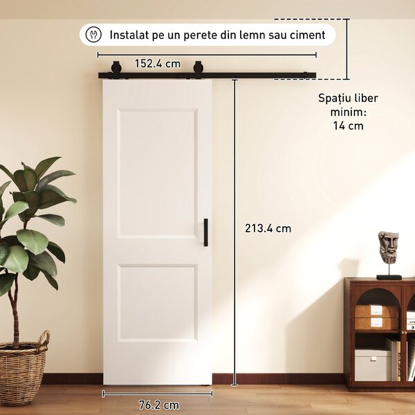 HOMCOM Ușă Culisantă de Interior din Lemn de Pin cu Șină Silențioasă, Ghidaj, Kit Accesorii, Alb | Aosom Romania