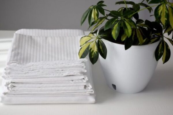 Set Cearsaf de pat 140x240 cm si 2 fete de perna 50x70 cm, bumbac 100%, damasc dungi subtiri, alb