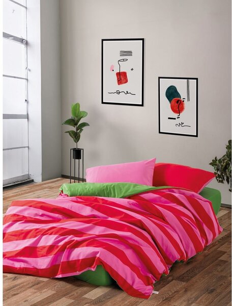 Lenjerie de pat verde-roz din bumbac ranforcé pentru pat dublu, extinsă, cu cearceaf inclus, cu 4 piese 200x220 cm Cherie – Mijolnir