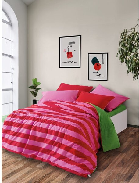 Lenjerie de pat verde-roz din bumbac ranforcé pentru pat dublu, extinsă, cu cearceaf inclus, cu 4 piese 200x220 cm Cherie – Mijolnir