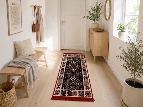 Covor traditional, cu doua fete, dimensiunea 60x150cm, rosu-bej