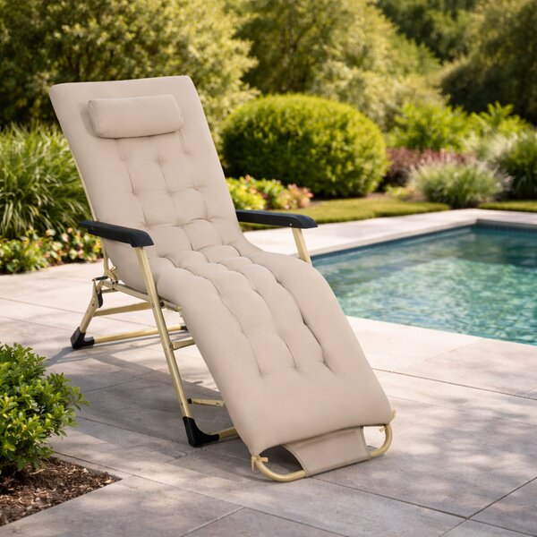 Sezlong Pliabil De Gradina Cu Perna Si Tetiera, Dimensiune 60x177x30cm, Culoare Bej