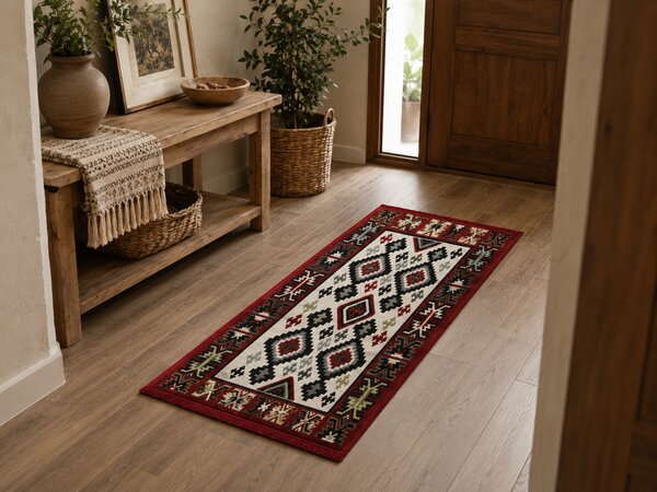 Covor traditional, cu doua fete, dimensiunea 80x200cm, rosu-bej