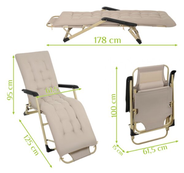 Sezlong Pliabil De Gradina Cu Perna Si Tetiera, Dimensiune 60x177x30cm, Culoare Bej