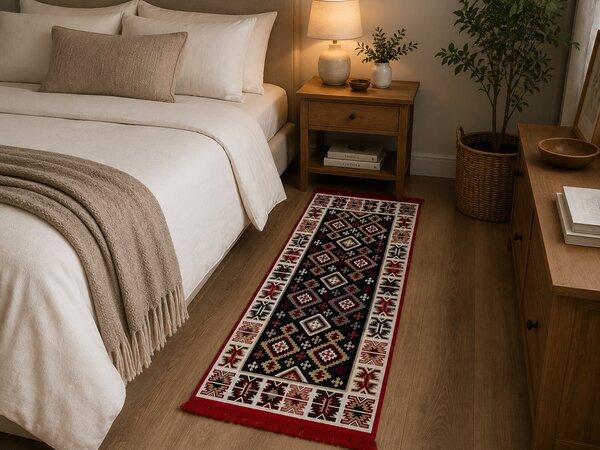 Covor traditional, cu doua fete, dimensiunea 80x200cm, rosu-bej