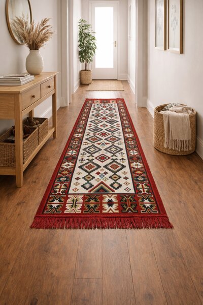 Covor traditional, cu doua fete, dimensiunea 80x200cm, rosu-bej