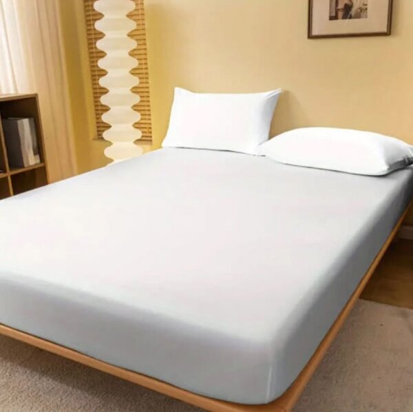 Set Husa de pat din tricot cu elastic 90x200 cm+2 fete de perna 50x70 cm, bumbac 100%, alb
