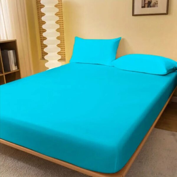 Set Husa de pat din tricot cu elastic 90x200 cm+2 fete de perna 50x70 cm, bumbac 100%, turcoaz