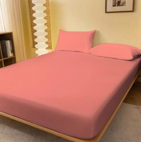 Set Husa de pat din tricot cu elastic 90x200 cm+2 fete de perna 50x70 cm, bumbac 100%, roz