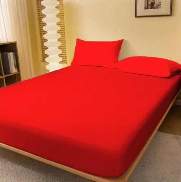 Set Husa de pat din tricot cu elastic 90x200 cm+2 fete de perna 50x70 cm, bumbac 100%, rosu