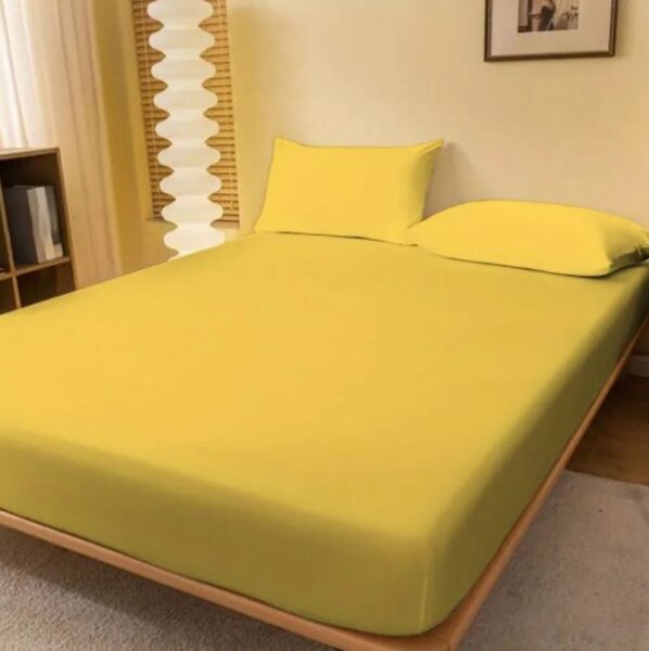 Set Husa de pat din tricot cu elastic 140x200 cm+2 fete de perna 50x70 cm, bumbac 100%, galben