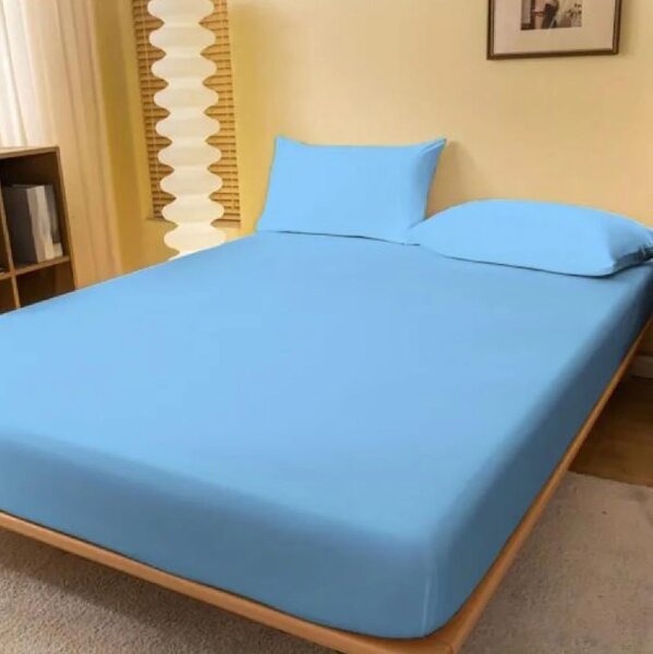 Set Husa de pat din tricot cu elastic 90x200 cm+2 fete de perna 50x70 cm, bumbac 100%, albastru