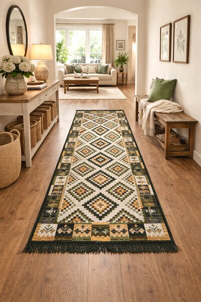 Covor traditional, cu doua fete, dimensiunea 80x300 cm, verde-bej